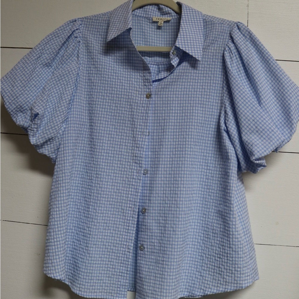 JODIFL Blue Gingham Puff Sleeve Button-Up Blouse (Size S)